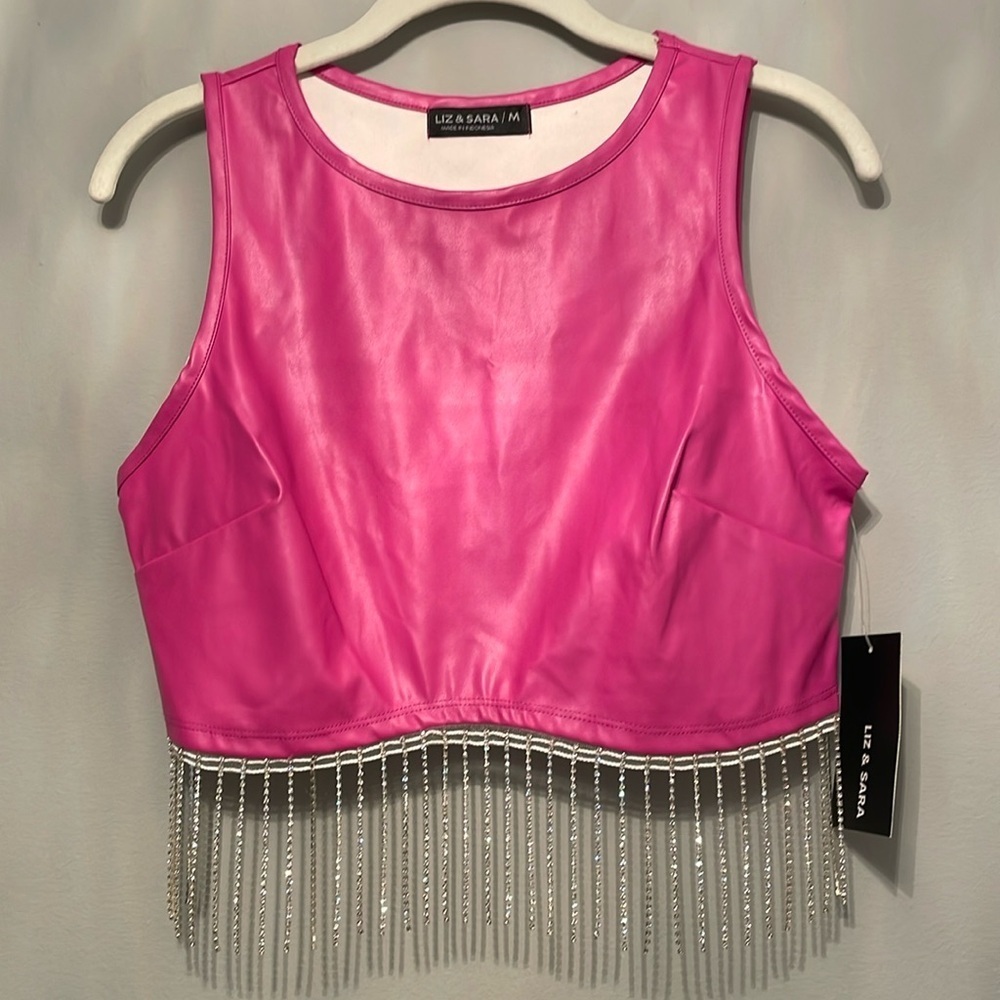 NWT LIZ & SARA VEGAN LEATHER CROP WITH RHINESTONE FRINGE SIZE M